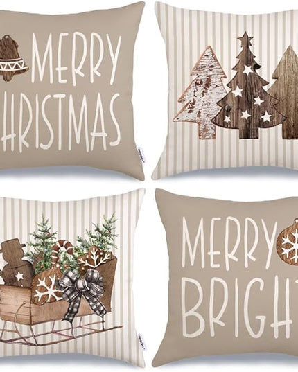 GEEORY Christmas Pillow Covers 20 x 20 Inch Set of 4, Striped Wooden Tree Snow Sleigh Merry Bright Xmas Holiday Decor Decorative Throw Cushion Case Decoration for Home Party Sofa Couch (Brown) GEEORY