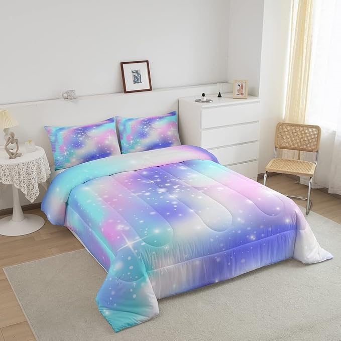 Erosebridal Ombre Comforter Rainbow Comforter Set Twin Tie Dye Galaxy Duvet Set Nebula Bedding Starry Sky Quilt Set Pastel Stars Glitter Bedding Set Purple Blue Bedroom Decorative Down Alternative - LeafyLoom