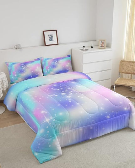 Erosebridal Ombre Comforter Rainbow Comforter Set Queen Tie Dye Galaxy Duvet Set Nebula Bedding Starry Sky Quilt Set Pastel Stars Glitter Bedding Set Purple Blue Bedroom Decorative Down Comforter - LeafyLoom