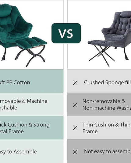 Oversized Chair with Ottoman, Modern Chair with Folding Footrest, Lounge Accent Chair, Comfortable Reading Chair for Bedroom, Study, Living Room, Courtyard (Dark Green) - LeafyLoom