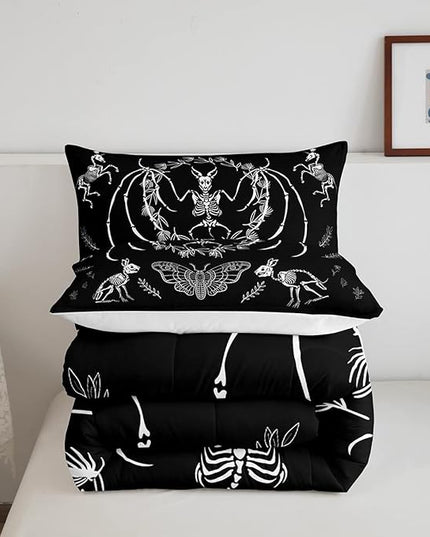Feelyou Skull Comforter Set Bat Skeleton Comforter Boho Moth Gothic Skull Bedding Set for Kids Boys Girls Adults Halloween Themed Duvet Set Soft Horror Room Decor King Size Quilt Boys - LeafyLoom