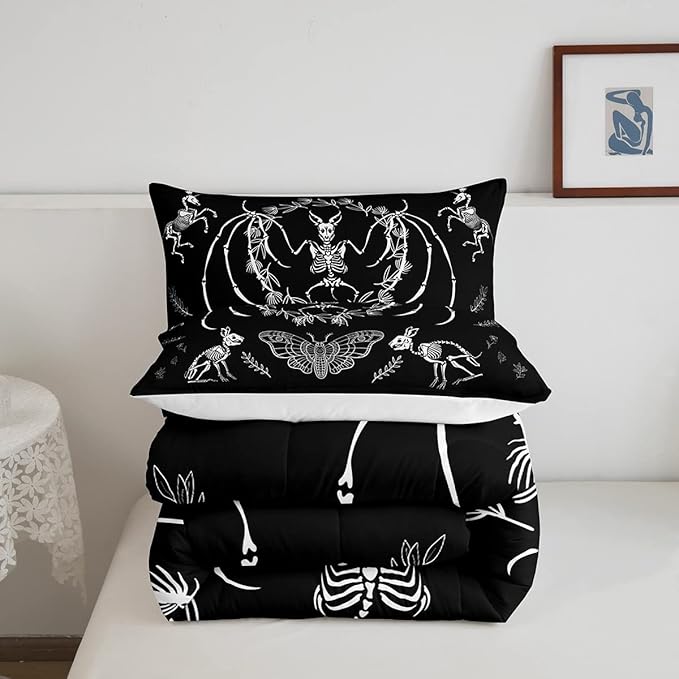 Feelyou Skull Comforter Set Bat Skeleton Comforter Boho Moth Gothic Skull Bedding Set for Kids Boys Girls Adults Halloween Themed Duvet Set Ultra Soft Horror Room Decor Twin Size Quilt Set - LeafyLoom