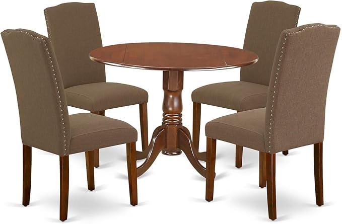 East West Furniture Dublin 5 Piece Room Furniture Set includes a Round Dining Table with Dropleaf and 4 Dark Coffee Linen Fabric Upholstered Chairs, 42x42 Inch, DLEN5-MAH-18 - LeafyLoom