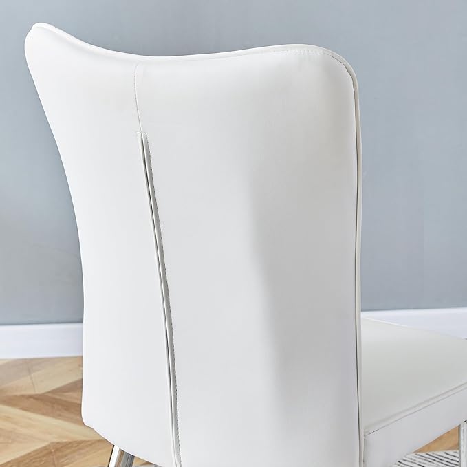 Modern Dining Chairs Set of 2, PU Leather Seat Cushions White Dining Room Chair, with Silver Metal Legs Kitchen Chair for Home Living Room, Restaurant, White Chair Silver Legs - LeafyLoom
