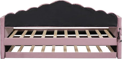Twin Size Upholstered Daybed with Trundle and Striped Headboard, Velvet Bed w/USB Charging Ports & Side Pockets, for Bedroom Living Room, No Box-spring Needed - LeafyLoom