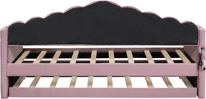 Twin Size Upholstered Daybed with Trundle and Striped Headboard, Velvet Bed w/USB Charging Ports & Side Pockets, for Bedroom Living Room, No Box-spring Needed - LeafyLoom