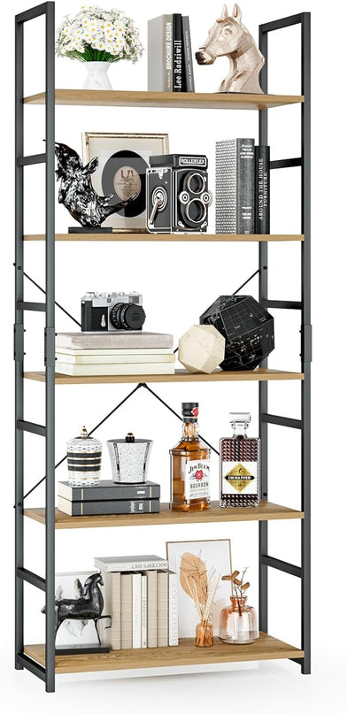 OTK 5 Tier Bookshelf, Tall Bookcase, Office Shelf Storage Organizer, Modern Book Shelf for Living Room, Bedroom, and Home Office, Natural - LeafyLoom