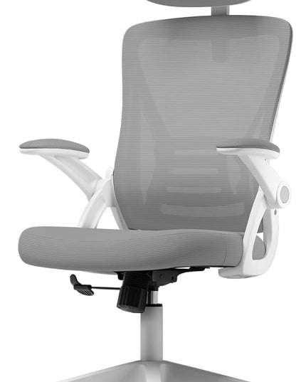 Ergonomic Office Chair, Mid Back Desk Chair with Adjustable Height, Swivel Chair with Flip-Up Arms and Lumbar Support, Breathable Mesh Computer Chair with Headrest (White and Grey) - LeafyLoom