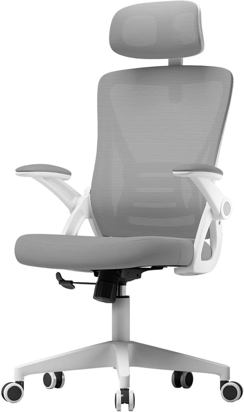 Ergonomic Office Chair, Mid Back Desk Chair with Adjustable Height, Swivel Chair with Flip-Up Arms and Lumbar Support, Breathable Mesh Computer Chair with Headrest (White and Grey) - LeafyLoom
