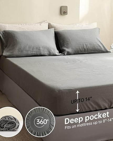 Simple&Opulence 100% Linen Sheet Set Solid Color-4 Pcs Washed French Linen Bed Sheets(1 Flat Sheet,1 Fitted Sheet,2 Pillowcases)-Breathable Bedding Set (Grey, King) - LeafyLoom