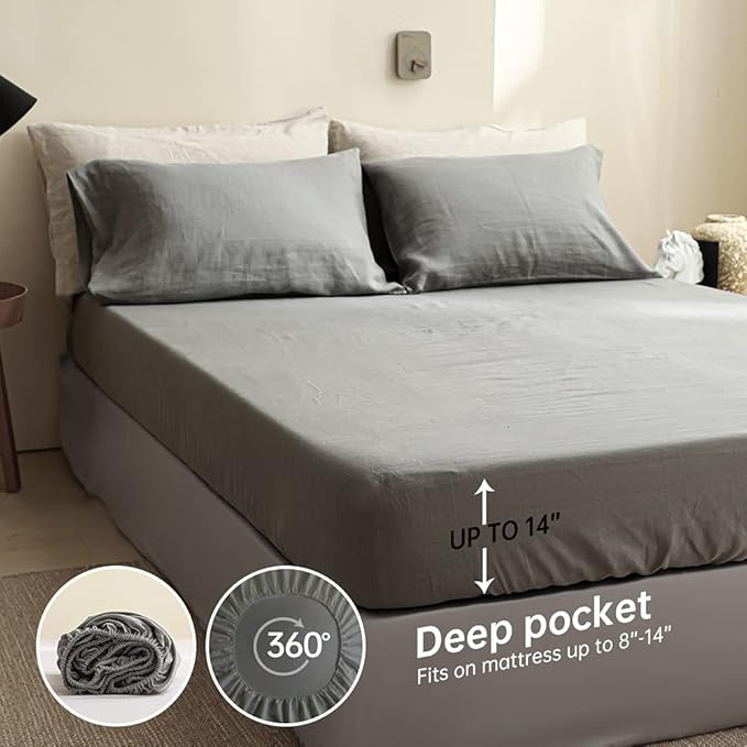 Simple&Opulence 100% Linen Sheet Set Solid Color-4 Pcs Washed French Linen Bed Sheets(1 Flat Sheet,1 Fitted Sheet,2 Pillowcases)-Breathable Bedding Set (Grey, King) - LeafyLoom