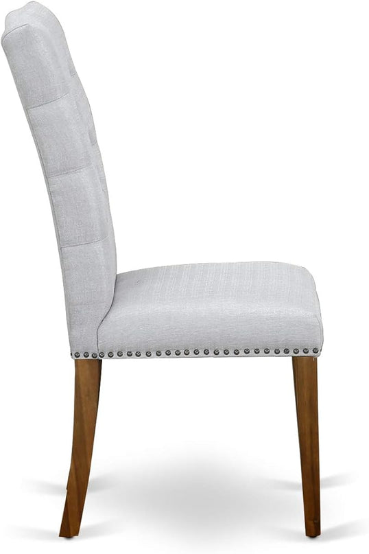 East West Furniture Antique 3 Piece Room Furniture Set Contains a Round Kitchen Table with Pedestal and 2 Grey Linen Fabric Parsons Dining Chairs, 36x36 Inch, Walnut - LeafyLoom