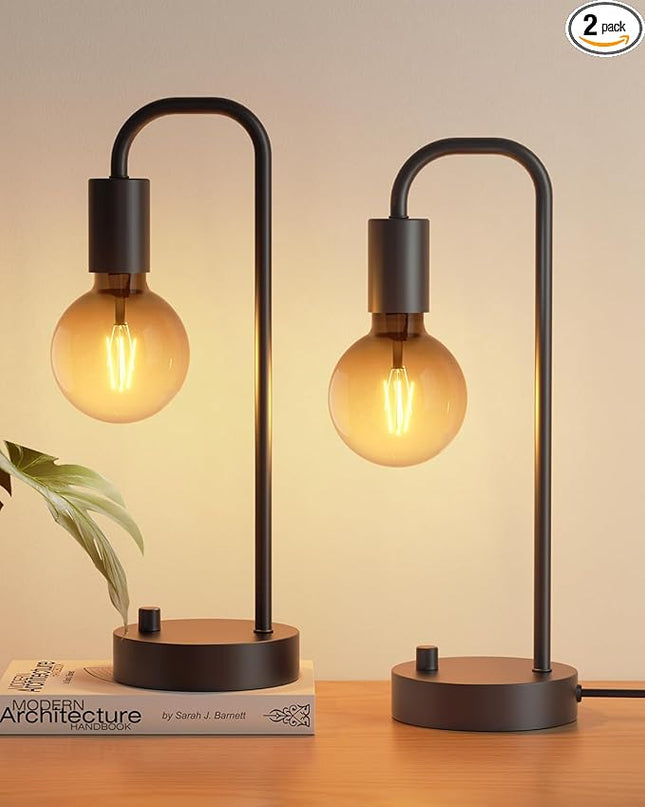 Industrial Table Lamp Set of 2, Fully Dimmable Beside Lamp with Gradient Black Art LED Bulb, Modern Nightstand Desk Lamp for Bedroom, Living Room, Office, Reading(Bulb Included) - LeafyLoom