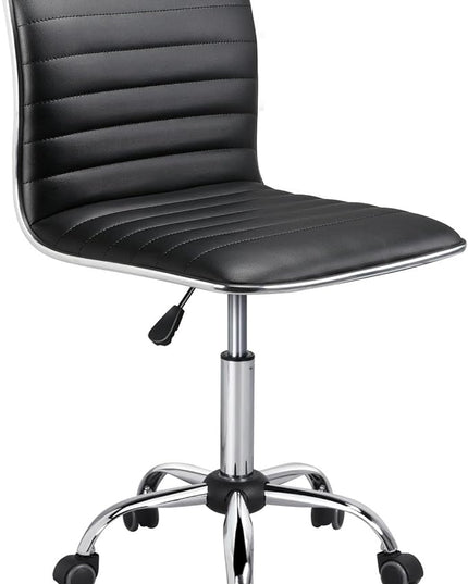 Yaheetech Adjustable Task Chair PU Leather Low Back Ribbed Armless Swivel Black Desk Chair Office Chair Wheels, Black - LeafyLoom