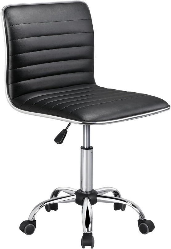 Yaheetech Adjustable Task Chair PU Leather Low Back Ribbed Armless Swivel Black Desk Chair Office Chair Wheels, Black - LeafyLoom