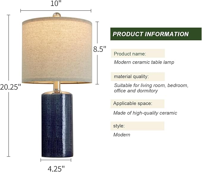 20.25" Small Table Lamps Set of 2 Modern Ceramic Lamps for Living Room Farmhouse Bedside Lamps Boho Lamps for Night Stands Blue Bedroom Lamps Side Table Lamps End Table Lamps - LeafyLoom