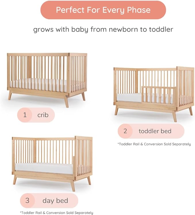 dadada Baby Soho 3-in-1 Convertible Crib to Toddler Bed – Wooden Crib Made in Italy, GREENGUARD Gold Certified Small Baby Crib – Baby-Safe Finish, Modern Design (Natural) - LeafyLoom