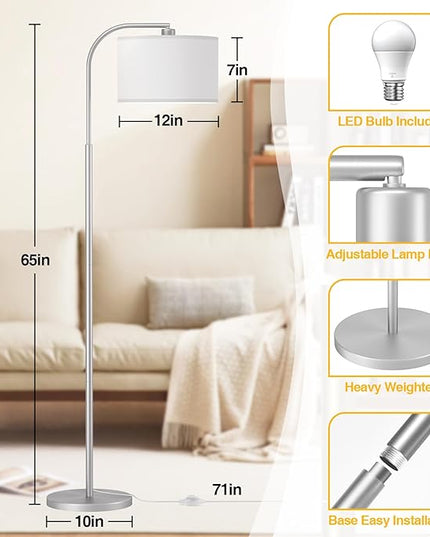 Arc Floor Lamps for Living Room with 3 Color Temperatures, Modern Floor Lamp Reading Light with 9W Bulb Included, Standing Lamp with Adjustable White Hanging Shade for Bedroom Office(Silver) - LeafyLoom