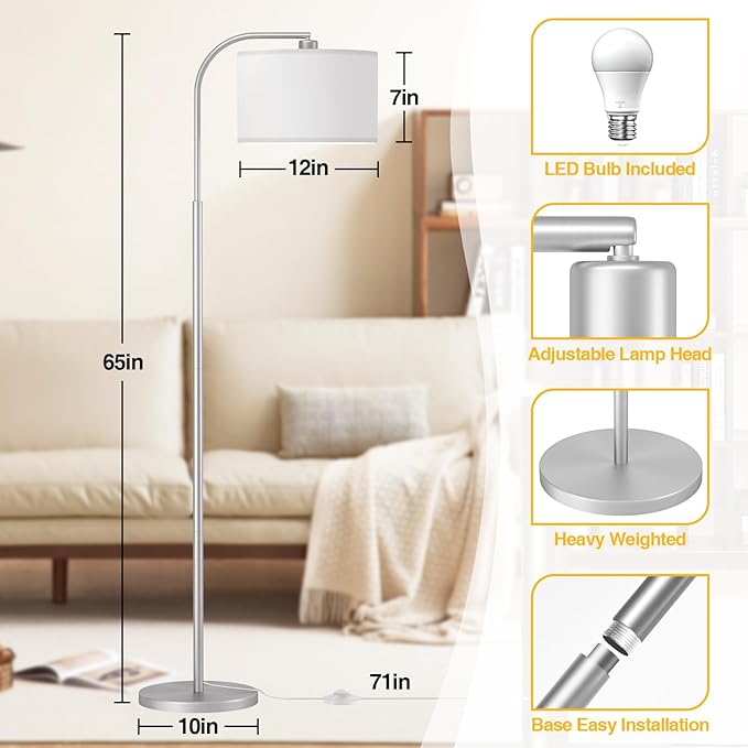 Arc Floor Lamps for Living Room with 3 Color Temperatures, Modern Floor Lamp Reading Light with 9W Bulb Included, Standing Lamp with Adjustable White Hanging Shade for Bedroom Office(Silver) - LeafyLoom