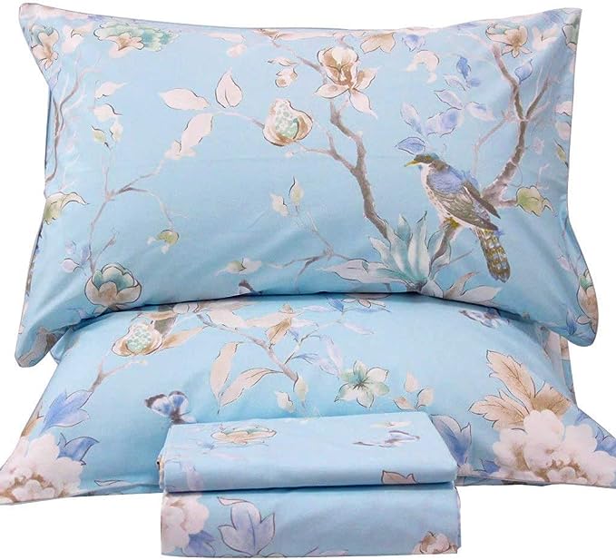 QSH Floral Bed Sheets Set King Size - Luxury Bird Buttefly Print Bed Sheet Set - 100% Egyptian Cotton Extra Soft and Breathable - 4 pcs Deep Pockets - Flower Bed Sheets - LeafyLoom