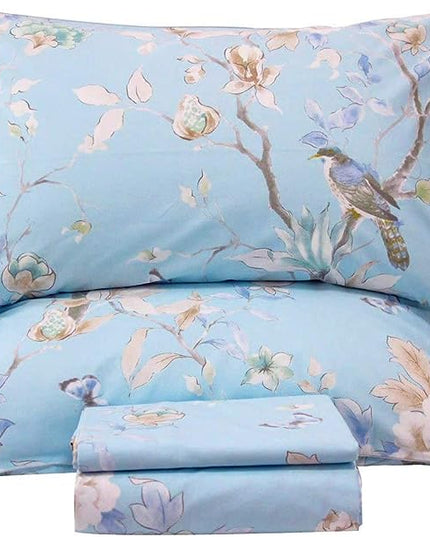 QSH Floral Bed Sheets Set Queen Size - Luxury Bird Butterfly Print Bed Sheet Set - 100% Egyptian Cotton Extra Soft and Breathable - 4 pcs Deep Pockets Flower Bed Sheets - LeafyLoom