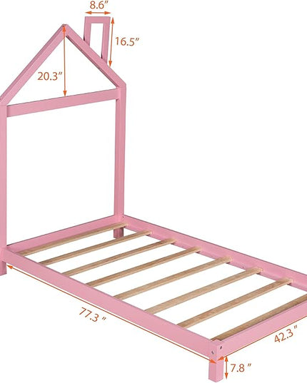 Jintop Twin Size Wood Platform Chimney and House-Shaped Headboard,Bedroom Furniture Bed Frame W/ 10 Slat Support,Easy to Install,for Teens Kids Girls Boys,Pink - LeafyLoom