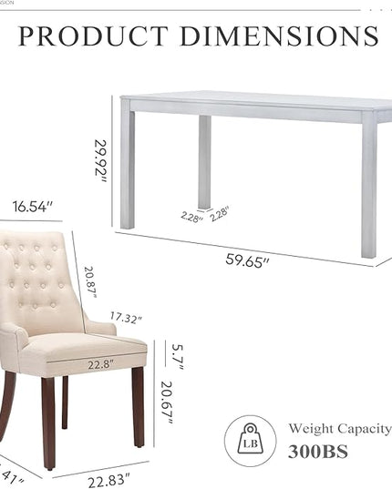 COLAMY 7-Piece Dining Table Set for 6, 60" Kitchen Wood Table with 6 Wingback Dining Room Chairs, White/Beige - LeafyLoom