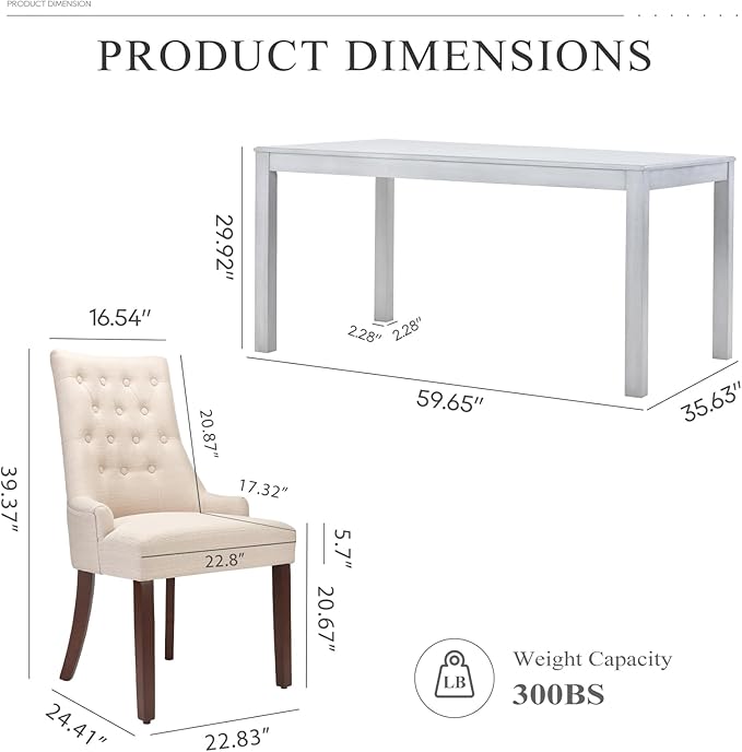 COLAMY 7-Piece Dining Table Set for 6, 60" Kitchen Wood Table with 6 Wingback Dining Room Chairs, White/Beige - LeafyLoom