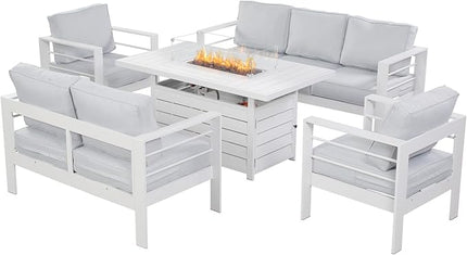 Wisteria Lane Aluminum Patio Furniture Set, 5 Piece Metal Outdoor Furniture Set with CSA Certified 54in Propane Gas Fire Pit Table, Patio Conversation Set with 5in Olefin Cover Cushions (White) - LeafyLoom
