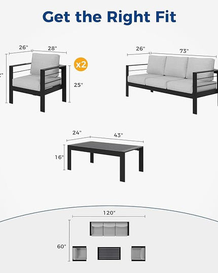 Wisteria Lane Aluminum Outdoor Patio Furniture Set, 4 Pcs Modern Outdoor Conversation Set Sectional Sofa with Upgrade Cushion and Coffee Table for Balcony,Black Frame and Grey Cushion - LeafyLoom