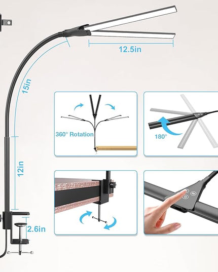 LED Desk Lamp for Home Office,Bright Double Head Desk Lamp with Clamp,Dimmable 5 Color Modes Desk Lighting,12W Eye-Caring Architect Table Lamp for Workbench,Monitor,Reading,Study,1400lm - LeafyLoom