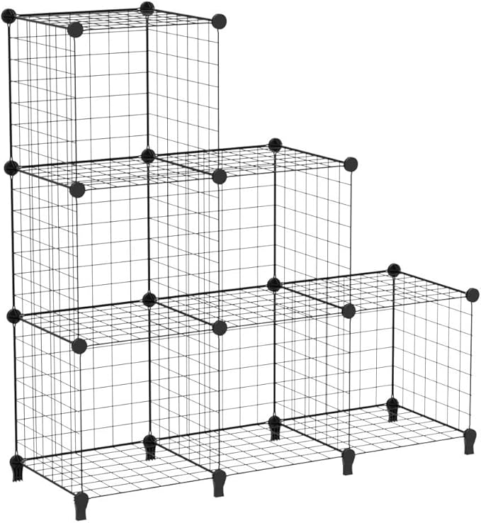 Wolizom Wire Cube Storage, Metal Grids Shelves Bookshelf, Stackable Modular Shelving Organizer, DIY Closet Bookcase Bookshelf, Grid Storage Shelf for Bedroom, Living Room, Office (Black, 6 Cube) - LeafyLoom