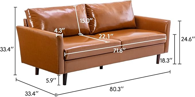 Dreamsir 80'' Faux Leather Sofa Couch, Mid-Century Modern Sofa with Solid Wooden Frame & Padded Cushions, 3-Seater Couch for Living Room, Apartment, Lounge Room (Camel) - LeafyLoom