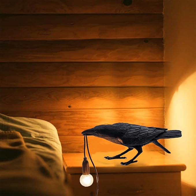 Raven Desk Lamp, Raven Lamp, Bird Lamp, Resin LED Bird Lamp for Bedroom/Office/Living Room/Farmhouse Art Deco with Plug (Sit) - LeafyLoom