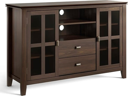 SIMPLIHOME Artisan SOLID WOOD Universal TV Media Stand, 53 inch Wide, Transitional, Living Room Entertainment Center, Storage Shelves and Cabinets, for Flat Screen TVs up to 60 inches in Tobacco Brown - LeafyLoom