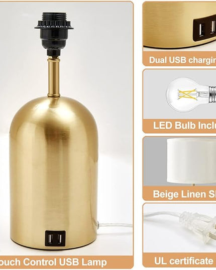 Bedside Lamp with USB Port, Touch Control Table Lamp for Bedroom 3 Way Dimmable Modern Nightstand Lamp with Fabric Shade Gold Base for Living Room, Dorm, Home Office, LED Bulb Included - LeafyLoom