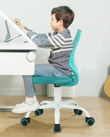 FurnitureR Desk Chair Armless Home Office Task Chair with Mesh Padded Cushion Swivel Study Chair with Rolling Wheels for Kids Teens Children, Turquoise - LeafyLoom