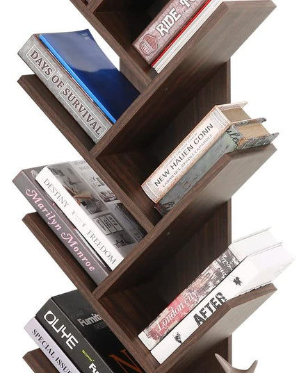 8 Tier Tree Bookshelf, 8 Shelf Open Book Case, Sturdy Tree Bookcase, Narrow Book Organizer Shelves for Bedroom, Living Room, Home Office, Dark Brown, w/Wall Anchor, 15.9"x8.1"x47.6" - LeafyLoom