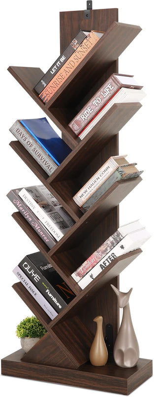 8 Tier Tree Bookshelf, 8 Shelf Open Book Case, Sturdy Tree Bookcase, Narrow Book Organizer Shelves for Bedroom, Living Room, Home Office, Dark Brown, w/Wall Anchor, 15.9"x8.1"x47.6" - LeafyLoom