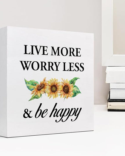 Live More Worry Less and Be Happy Sunflower Wood Block Sign Desk Decor,Rustic Inspirational Wooden Box Plaque Sign Desk Decor for Home Bedroom Living Room Office Shelf Table Decorations - LeafyLoom
