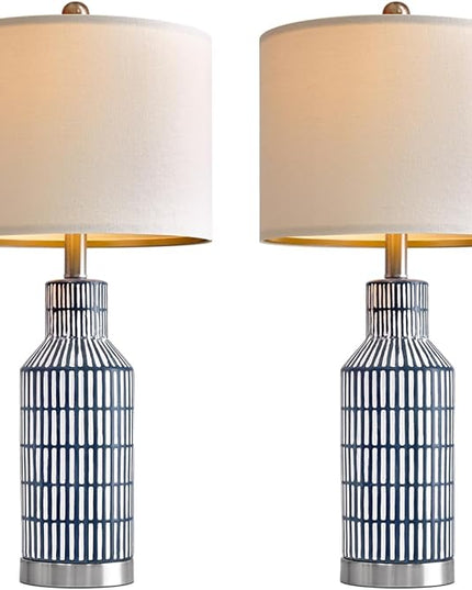 25" Table Lamps - Bedside Lamps Set of 2 - Modern Living Room Lamps - Blue Ceramic Lamps for Bedroom - Small Table Lamps Nightstand Lamps - LeafyLoom