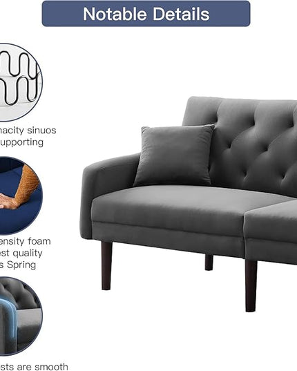 Mid-Century Modern Tufted Loveseat Sofa Living Room Furniture Sets with Adjusting Backrest & 2 Pillows Small Comfy Couch for Bedroom Apartment, Home Office Sofá, Gray-4 - LeafyLoom