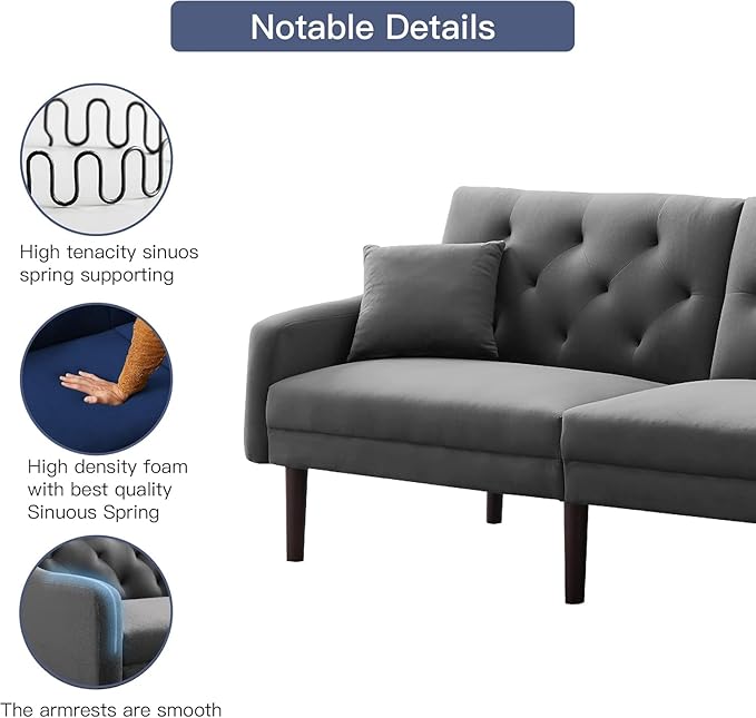 Mid-Century Modern Tufted Loveseat Sofa Living Room Furniture Sets with Adjusting Backrest & 2 Pillows Small Comfy Couch for Bedroom Apartment, Home Office Sofá, Gray-4 - LeafyLoom