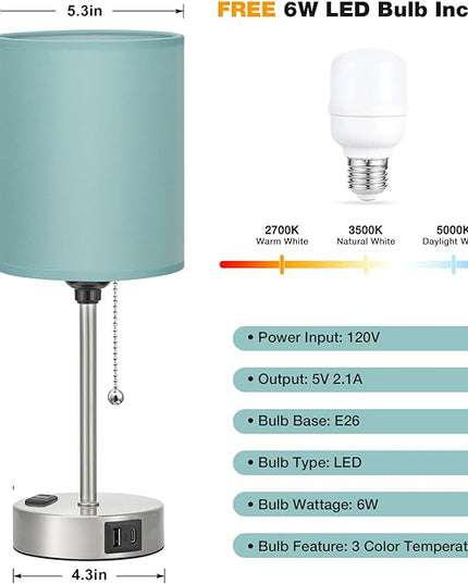 Dicoool Teal Bedside Lamp for Nightstand - 3 Color Temperature Table Lamp with USB C and A Ports, Pull Chain Lamp for Bedroom with AC Outlet, Desk Lamp with Silver Metal Base for Kids Girls - LeafyLoom