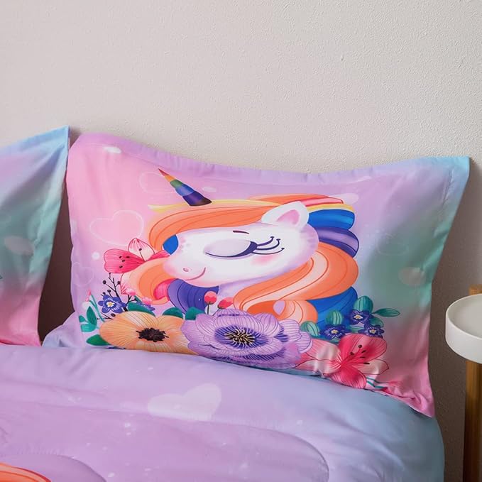 ADASMILE A & S Unicorn Bedding Twin for Girls Unicorn Bed Set Pink Unicorn Comforter Set Twin 6Pieces Girls Bed in A Bag Comforter with Hearts Sheets Reversible Unicorn Bed Sheets Home Unicorn Decor - LeafyLoom