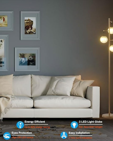 Modern 3 Globe Gold Floor Lamps for Living Room with Acrylic Crystal Sphere Shade and 3000K LED Bulbs, Contemporary Mid Century Standing Lamp, Farmhouse Retro for Bedroom Office - LeafyLoom