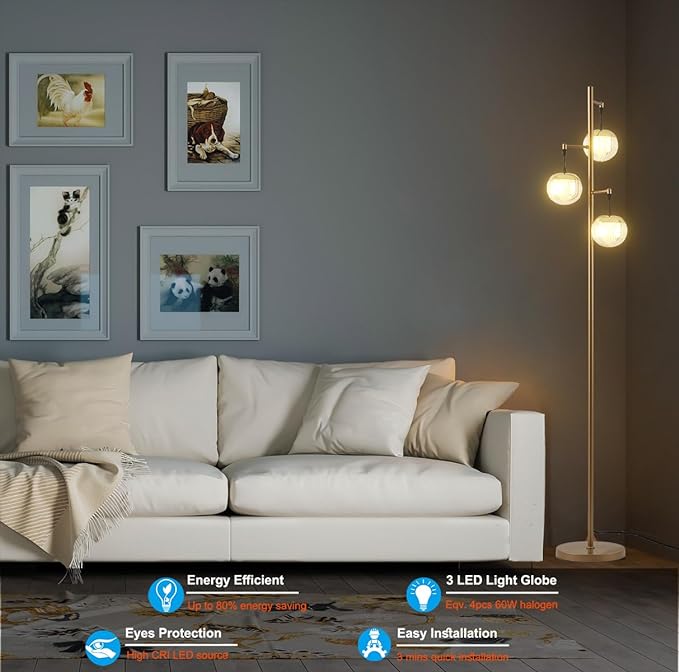 Modern 3 Globe Gold Floor Lamps for Living Room with Acrylic Crystal Sphere Shade and 3000K LED Bulbs, Contemporary Mid Century Standing Lamp, Farmhouse Retro for Bedroom Office - LeafyLoom
