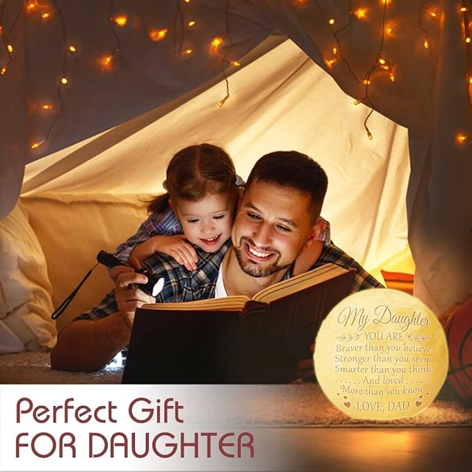 Mothers Day Gifts For Daughter From Dad, Daughter Gifts From Dad, Father Daughter Gifts For Women, Birthday Decorations Indoor, Anniversary Valentines Gifts For Her, Engraved Moon Lamp Night Light - LeafyLoom