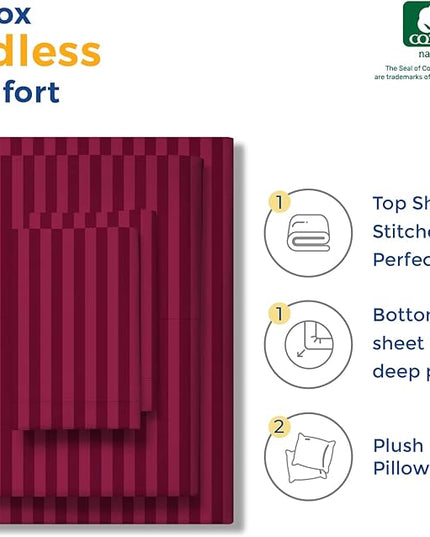 THREAD SPREAD Luxury Egyptian Cotton Twin Stripe Sheet Set - 600 Thread Count Extra Long Staple 3 PC Set, Twin Damask Sheets, Soft, Cooling Sateen Weave Striped Sheets Upto 18" Deep Pocket - Burgundy - LeafyLoom