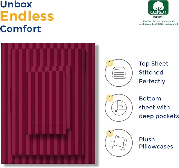 THREAD SPREAD Luxury Egyptian Cotton Twin Stripe Sheet Set - 600 Thread Count Extra Long Staple 3 PC Set, Twin Damask Sheets, Soft, Cooling Sateen Weave Striped Sheets Upto 18" Deep Pocket - Burgundy - LeafyLoom